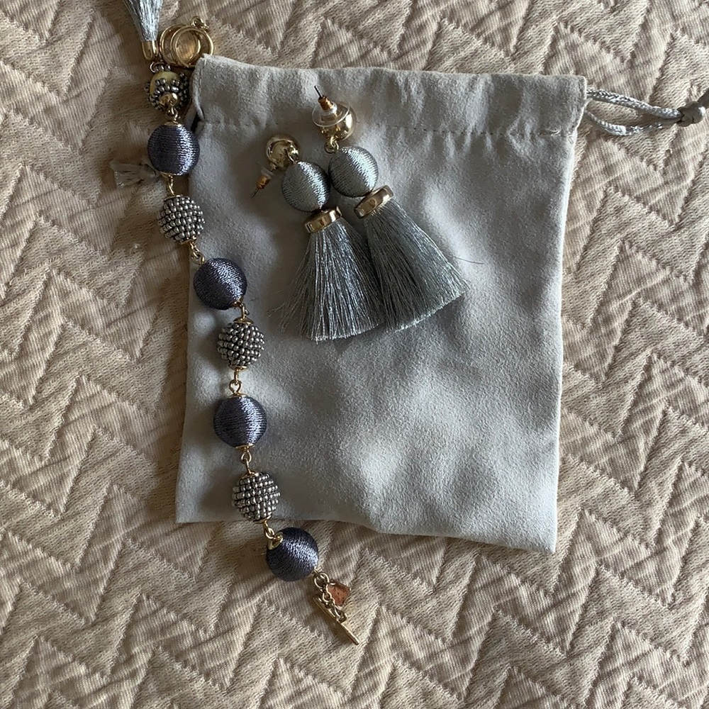 Grey Tassel Earrings & silver bead bracelet